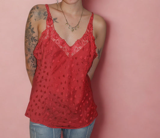 Large Vintage Red Silk Camisole  – Lace Trim & Heart Texture